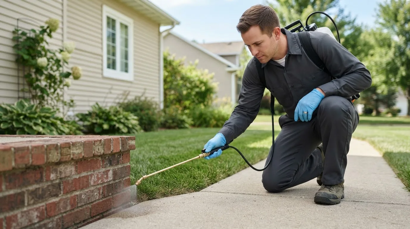 Pest control technician treating a home near Chapin, IL