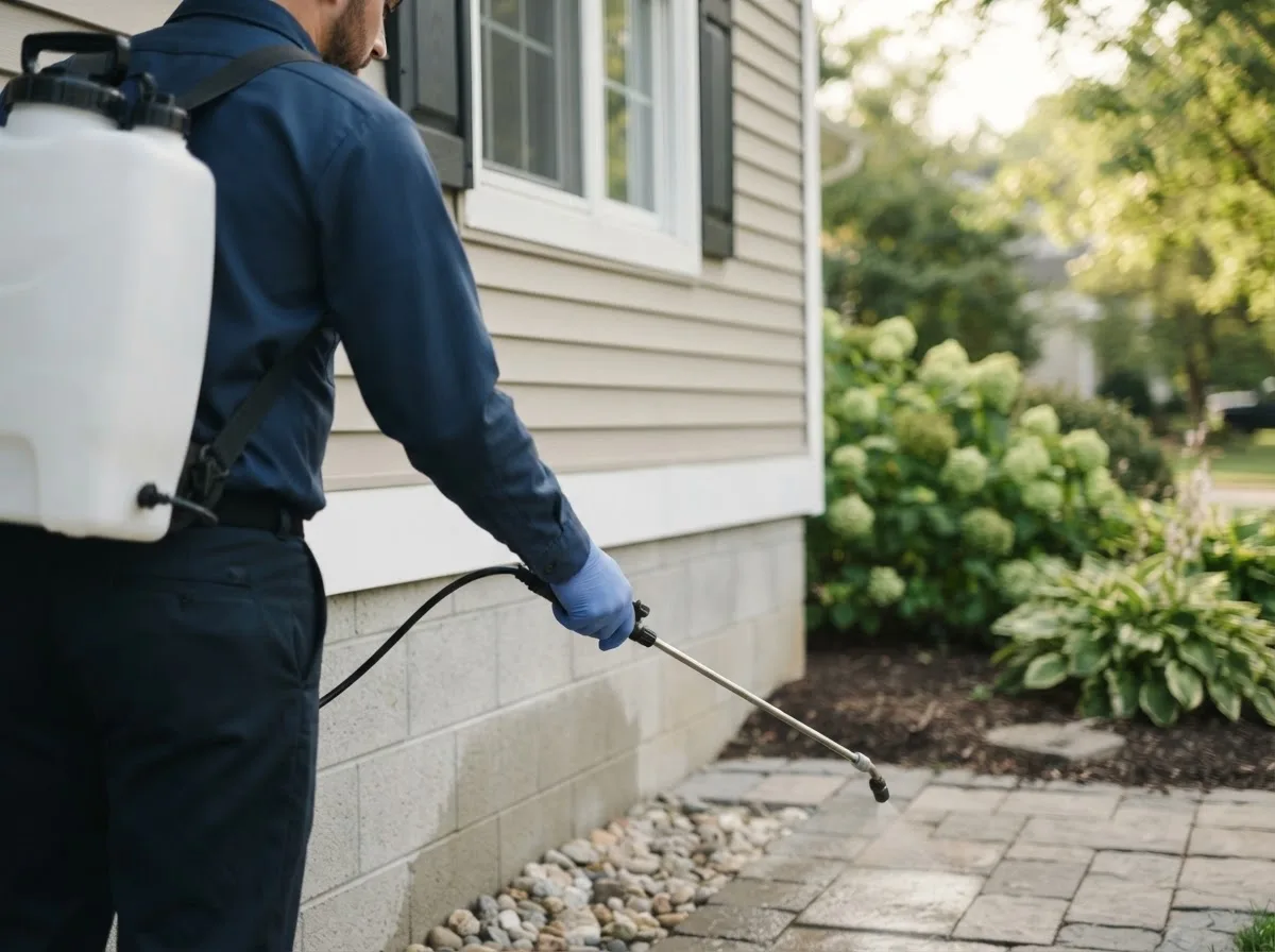 Pest control technician inspecting a home in Chapin, IL